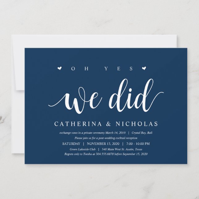 Modern Rustic, Navy Blue Script, Wedding Elopement Invitation (Front)