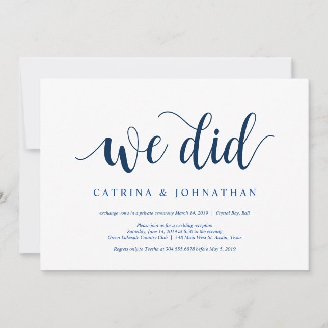 Modern Rustic, Navy Blue script, Wedding Elopement Invitation (Front)