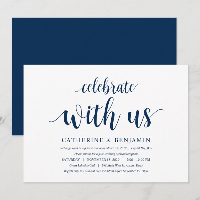 Modern Rustic, Navy Blue Script, Wedding Elopement Invitation (Front/Back)