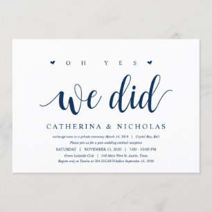 Modern Rustic, Navy Blue Script, Wedding Elopement Invitation
