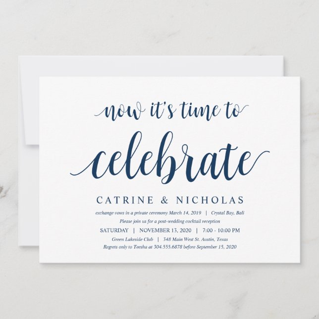 Modern Rustic, Navy Blue Script, Wedding Elopement Invitation (Front)