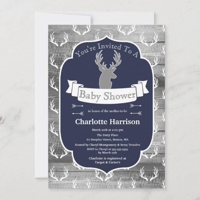 Modern Rustic Navy Deer & Grey Wood Baby Shower Invitation (Front)