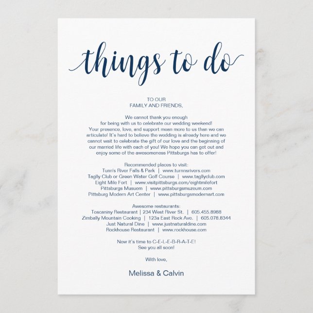 Modern Rustic, Navy, Things to do, Itinerary Card (Front)