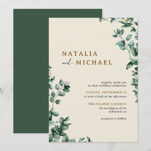 Modern Rustic Neutral Beige + Green Simple Wedding Invitation