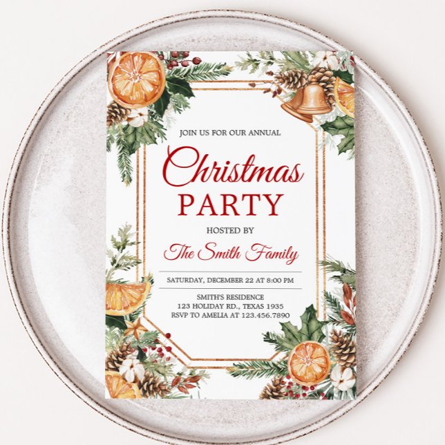 Modern Rustic Orange Citrus Christmas Party Invitation (Modern Rustic Orange Christmas Party Invitation)
