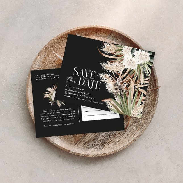 Modern rustic pampas eucalyptus black and white announcement postcard (Creator Uploaded)
