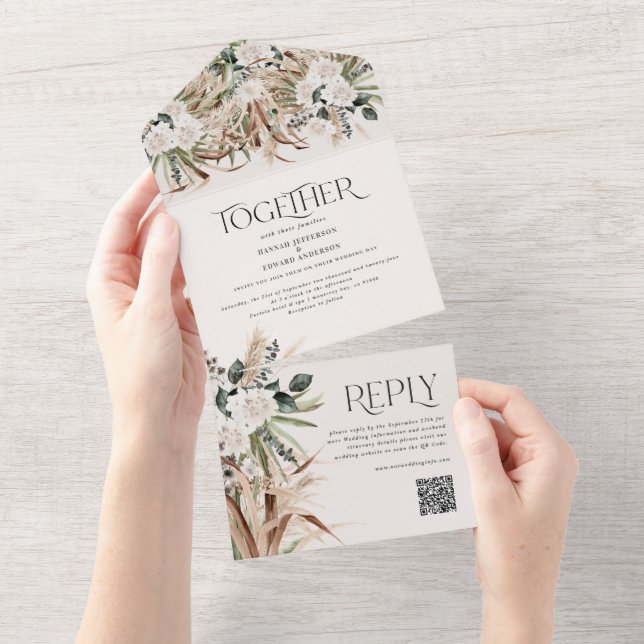 modern rustic pampas eucalyptus wedding QR code Al All In One Invitation (Tearaway)