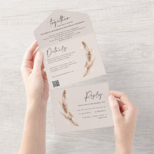 modern rustic pampas eucalyptus wedding QR code Al All In One Invitation