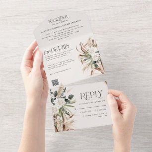 modern rustic pampas eucalyptus wedding QR code All In One Invitation