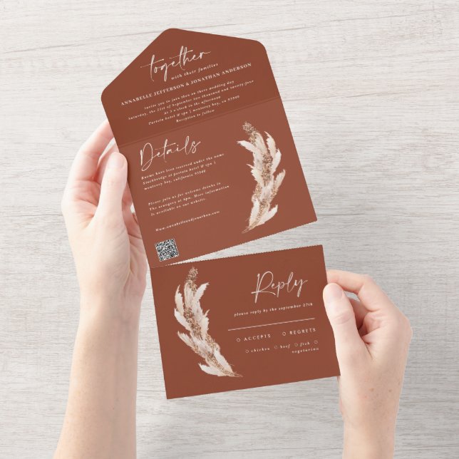 Modern rustic pampas terracotta wedding QR code All In One Invitation (Tearaway)