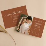 Modern Rustic Photo Calendar Terracotta Wedding Save The Date<br><div class="desc">Modern Rustic Photo Calendar Terracotta Wedding Save the Date. Easily personalise by replacing each info. Please upload a portrait/vertical photo. Move the circle by clicking the link Customise further. Make sure to check the preview before adding to cart. (Sample Photo by Jonathan Borba from Pexels)</div>
