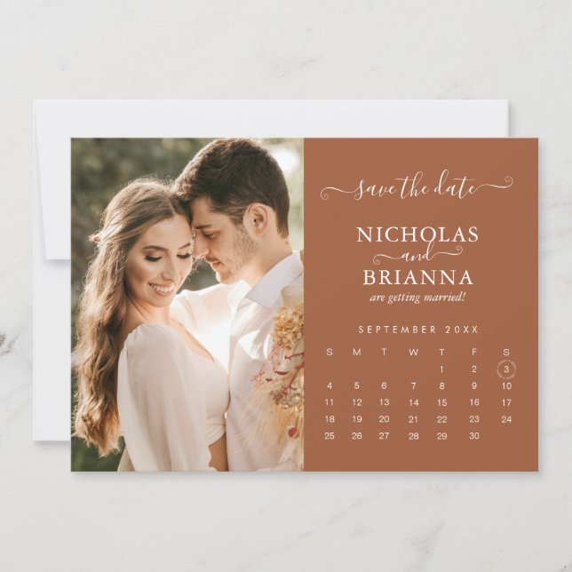 Modern Rustic Photo Calendar Terracotta Wedding Save The Date (Front)