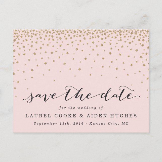 Modern Rustic Pink & Gold Stars Save the Date Announcement Postcard (Front)