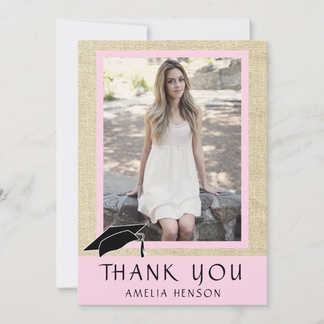 Modern Rustic Pink Photo Graduation  Thank You Card (Front)