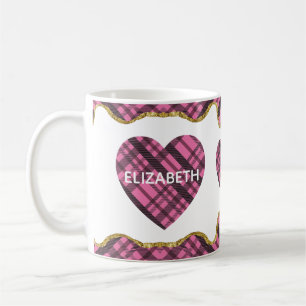 Modern Rustic Pink Plaid Love Heart Wife Name  Coffee Mug