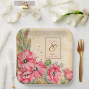Modern Rustic Poppy Floral Wedding Paper Plate