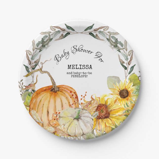 Modern Rustic Pumpkin Leaves Sunflower Baby Shower Paper Plate (Front)
