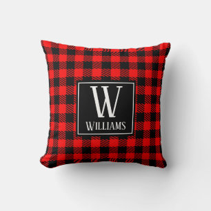 Modern Rustic Red Buffalo Plaid Chequered Monogram Cushion
