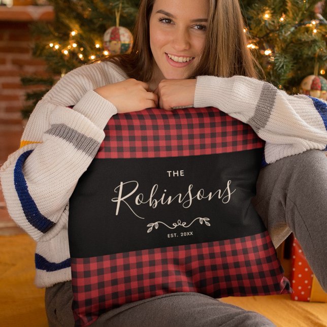 Modern Rustic Red Buffalo Plaid Family Script Cushion (Creator Uploaded)