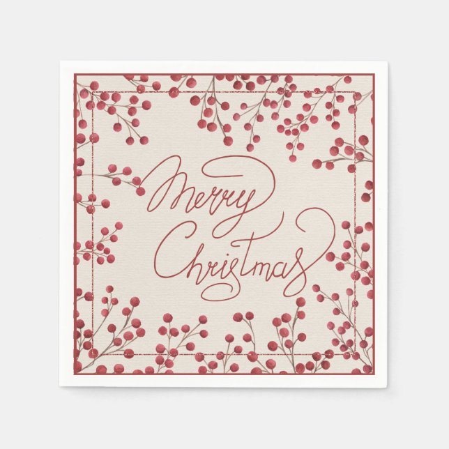 Modern Rustic Red Fire Berry Merry Christmas Napkin (Front)