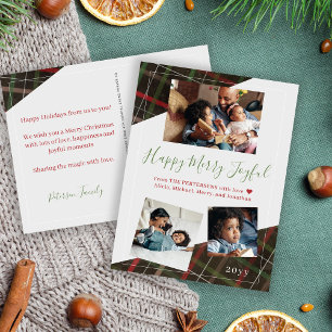 Modern rustic red green plaid 3 family photos holiday postcard