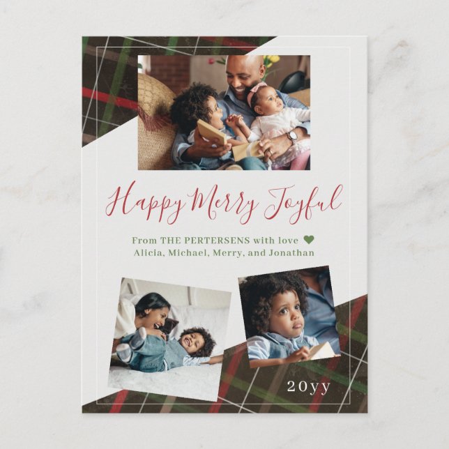 Modern rustic red green plaid 3 family photos holiday postcard (Front)