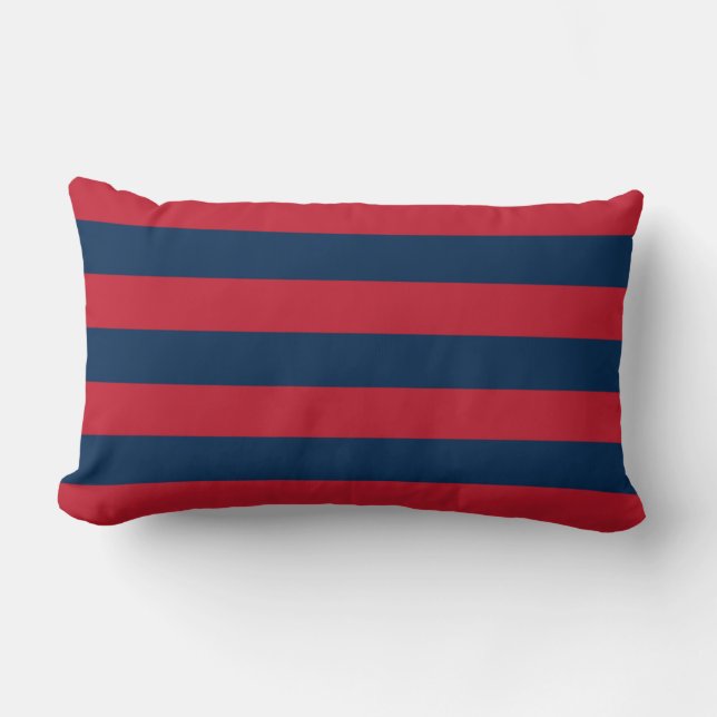 Modern rustic red navy blue horizontal stripes lumbar cushion (Front)