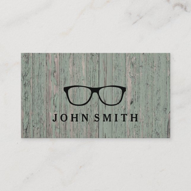 Modern Rustic & Refined Eyeglasses Logo Green Wood Business Card (Front)