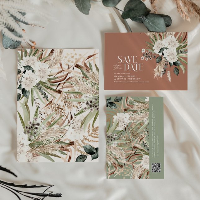 Modern rustic rust eucalyptus botanical QR code Save The Date (Creator Uploaded)