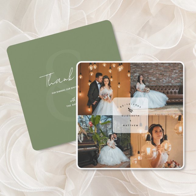 Modern Rustic Sage Green 4 Photo Collage Wedding Thank You Card (Creator Uploaded)