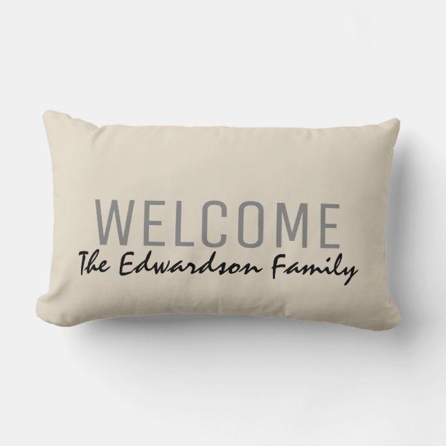 Modern rustic sand Welcome Family monogram name Lumbar Cushion (Front)