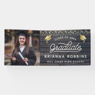 Modern Rustic Script Gold Graduation Photo Wood Banner