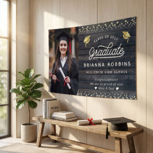 Modern Rustic Script Gold Graduation Photo Wood Banner