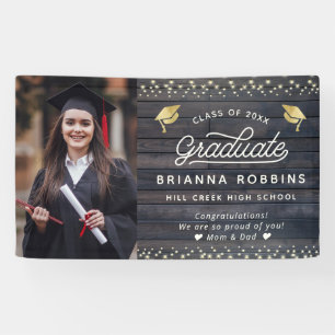 Modern Rustic Script Gold Graduation Photo Wood Banner