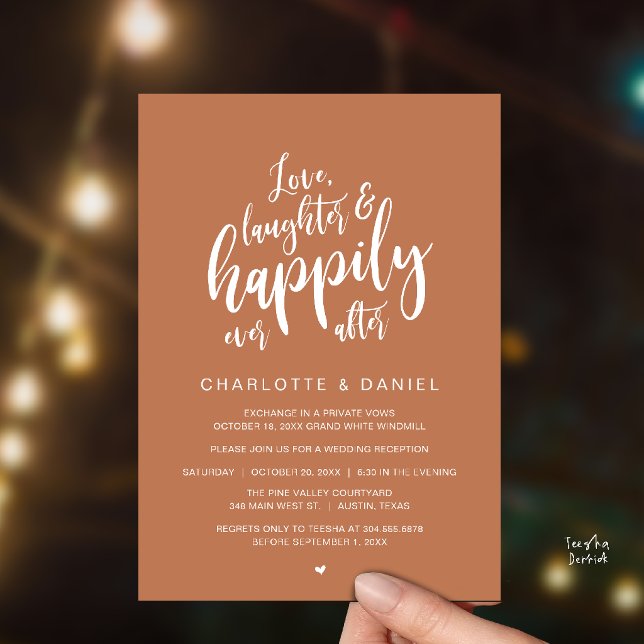 Modern Rustic Script Happily Ever After Wedding Invitation (Modern Rustic Script Love Laughter and Happily Ever After Wedding Invitation Card in Copper Brown)
