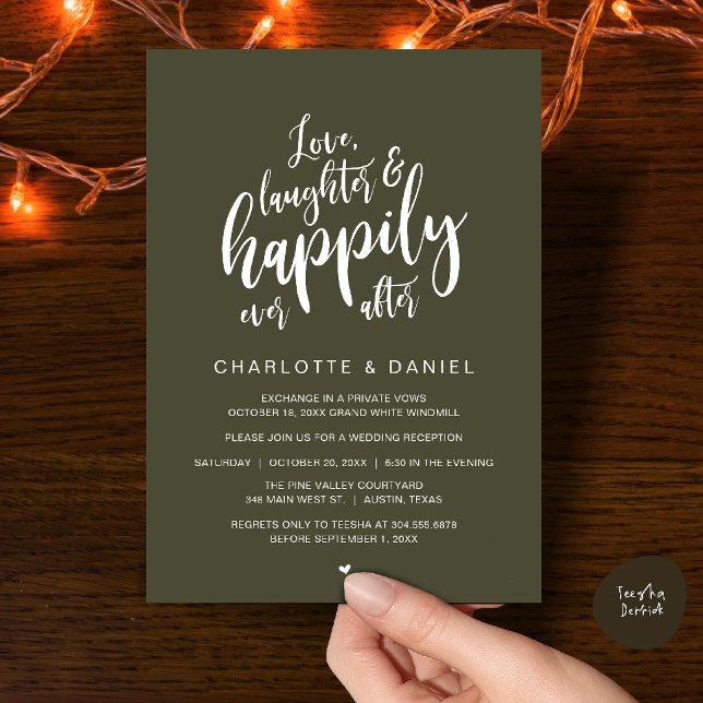 Modern Rustic Script Happily Ever After Wedding Invitation (Modern Rustic Script Love Laughter and Happily Ever After Wedding Invitation Card in Olive Green)