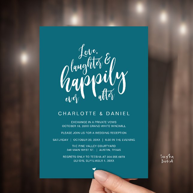 Modern Rustic Script Happily Ever After Wedding Invitation (Modern Rustic Script Love Laughter and Happily Ever After Wedding Invitation Card in Emerald Green)