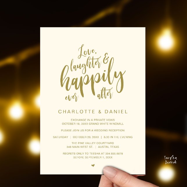 Modern Rustic Script Happily Ever After Wedding Invitation (Modern Rustic Script Love Laughter and Happily Ever After Wedding Invitation Card in Gold Cream)