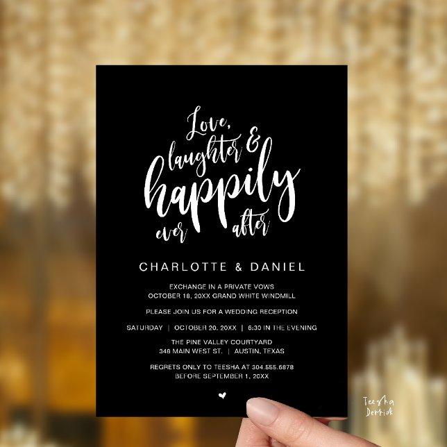 Modern Rustic Script Happily Ever After Wedding Invitation (Modern Rustic Script Love Laughter and Happily Ever After Wedding Invitation Card in Classy Black)