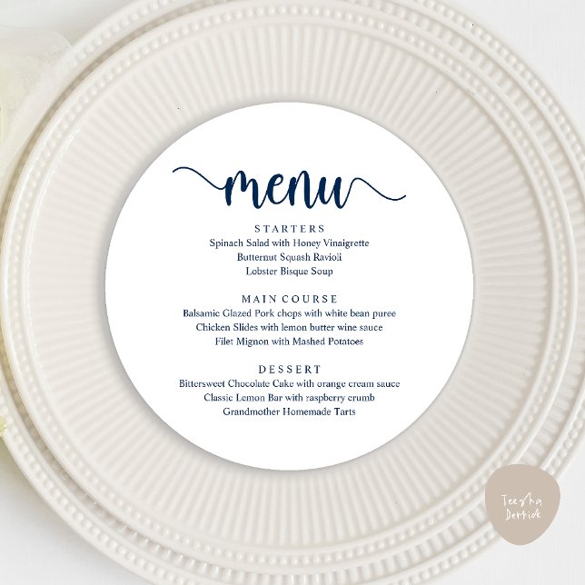 Modern Rustic Script, Wedding Elopement Dinner  Menu (Modern Rustic, Wedding Elopement Round Dinner Menu Card in Navy Blue)