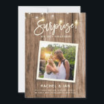 Modern Rustic Snapshot Surprise Engagement Photo Save The Date<br><div class="desc">Modern rustic fun photo engagement announcement with your photo in a square frame on a wooden backdrop with string lights and a hand lettered script reading SURPRISE! We got engaged! Space for details like date for a save the date,  wedding website etc on the front and back.</div>