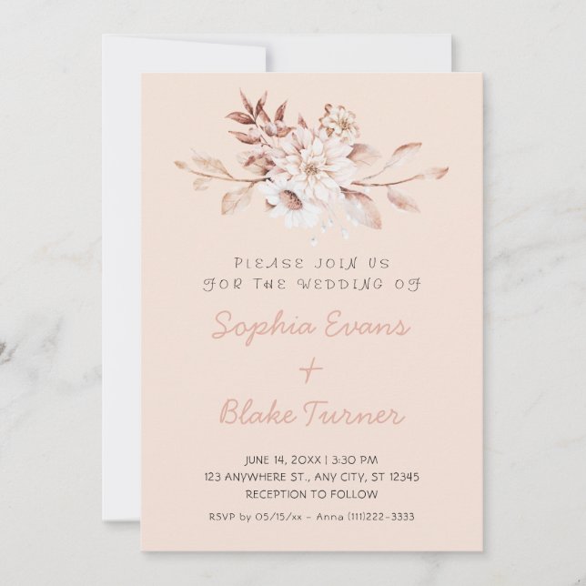 Modern Rustic Soft Floral Pink Cream Wedding Invitation (Front)