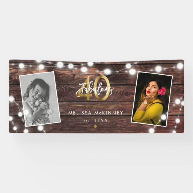 Modern Rustic String Lights Gold Fab 40th Birthday Banner (Horizontal)