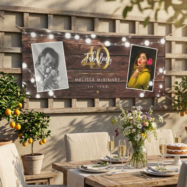 Modern Rustic String Lights Gold Fab 40th Birthday Banner (Creator Uploaded)