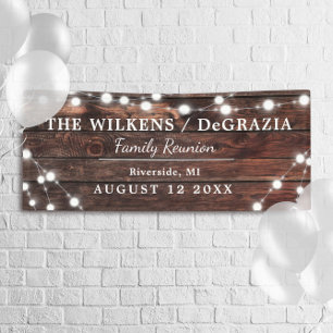 Modern Rustic String Lights Wood Family Reunion Banner