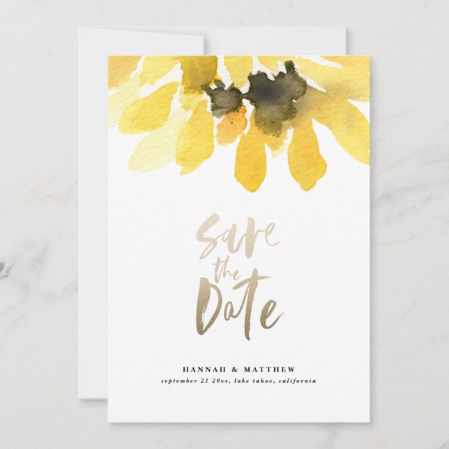 Modern rustic sunflower floral gold script save the date (Front)