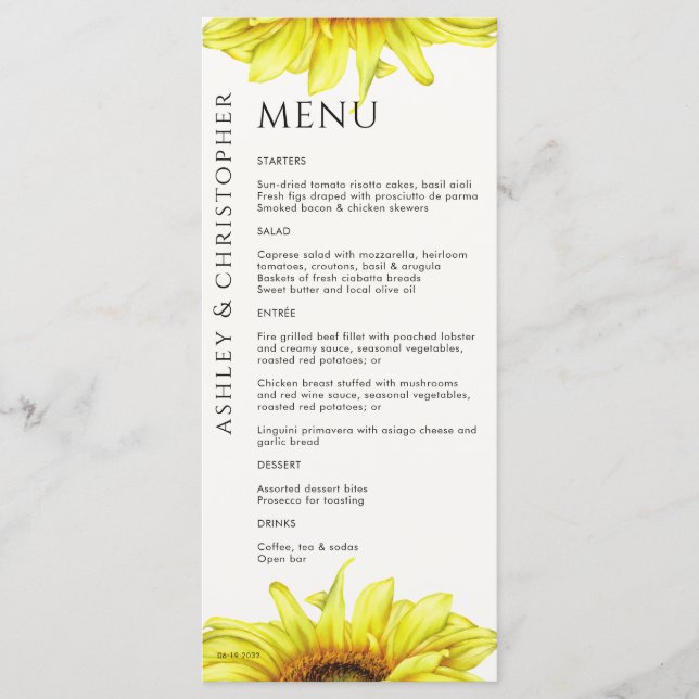 Modern Rustic Sunflower Wedding Menu (Front)