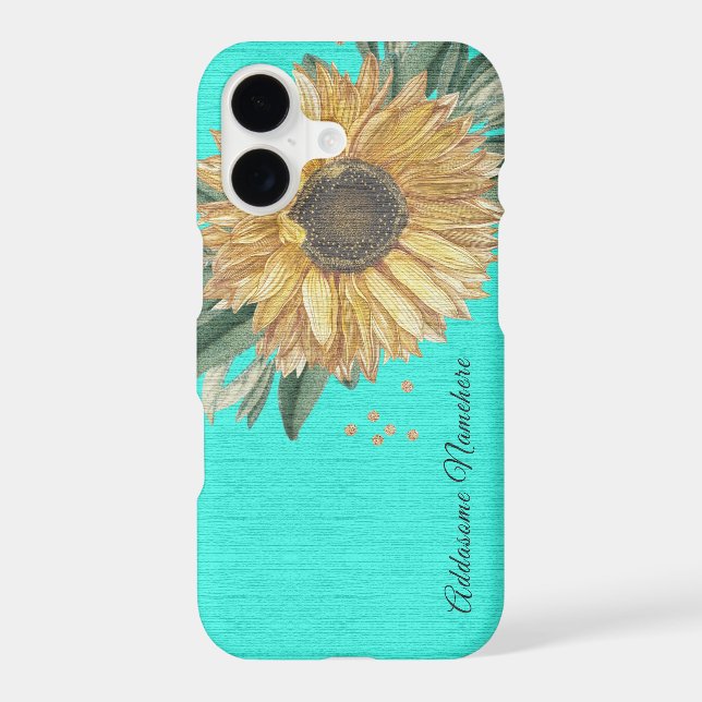 Modern Rustic Teal Aqua  Sunflower  iPhone Case (Back)
