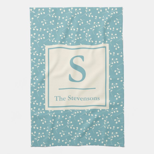 Modern Rustic Teal Blue Floral Family Monogram  Tea Towel (Vertical)