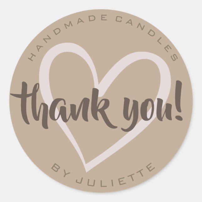 Modern Rustic Thank You Love Heart Natural Brown Classic Round Sticker (Front)